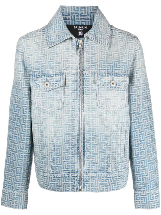 Blue Jacquard-monogram Zip-up Denim Jacket