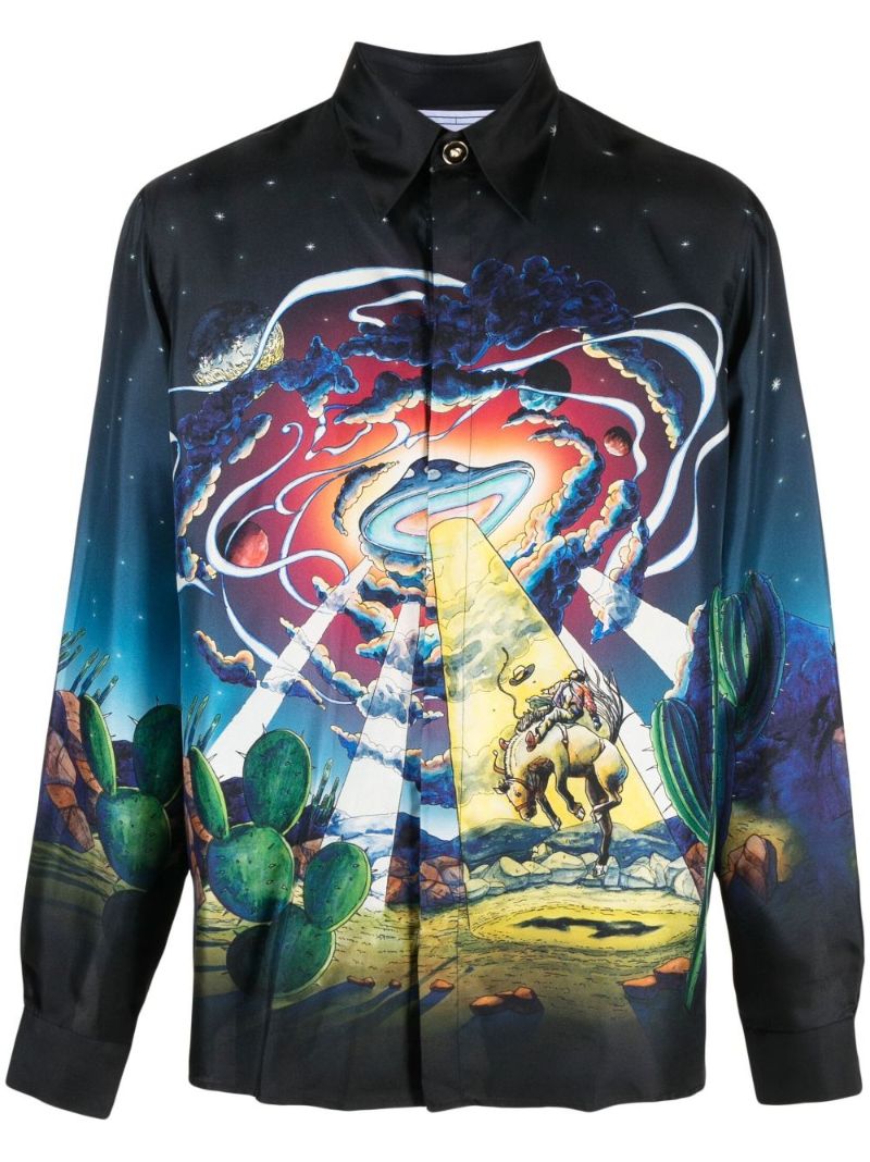 Blue Cowboy De L'espace Print Silk Shirt