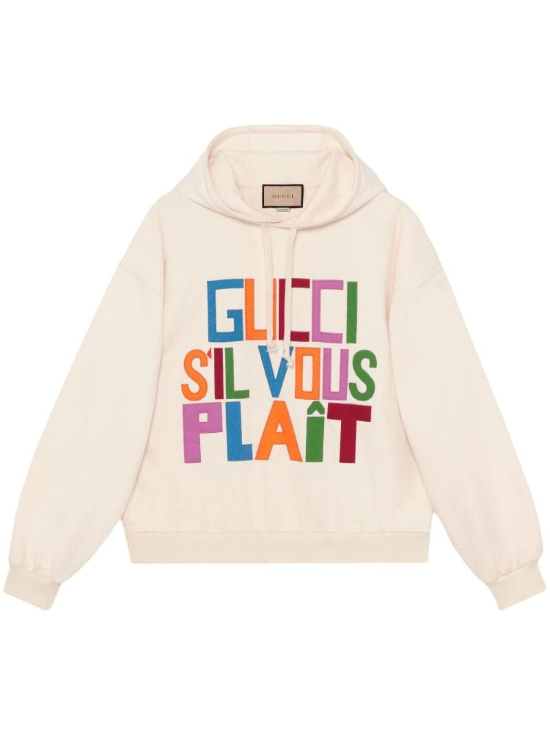 White Embroidered Patch Felted Cotton Hoodie