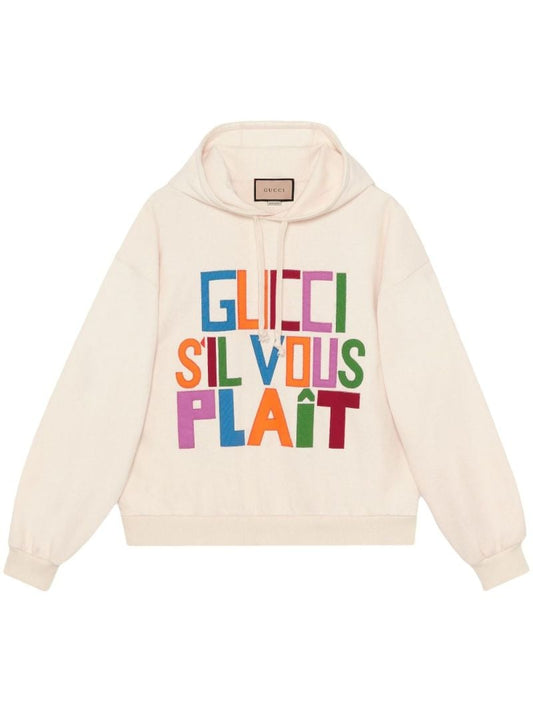 White Embroidered Patch Felted Cotton Hoodie