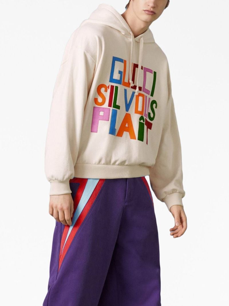 White Embroidered Patch Felted Cotton Hoodie