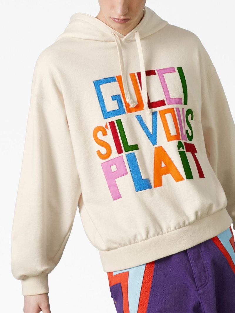 White Embroidered Patch Felted Cotton Hoodie