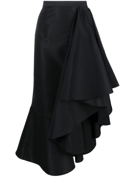 Black Asymmetric Flared Midi Skirt