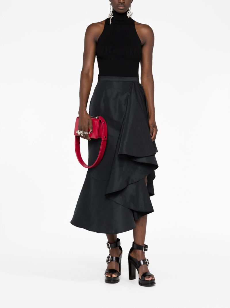 Black Asymmetric Flared Midi Skirt