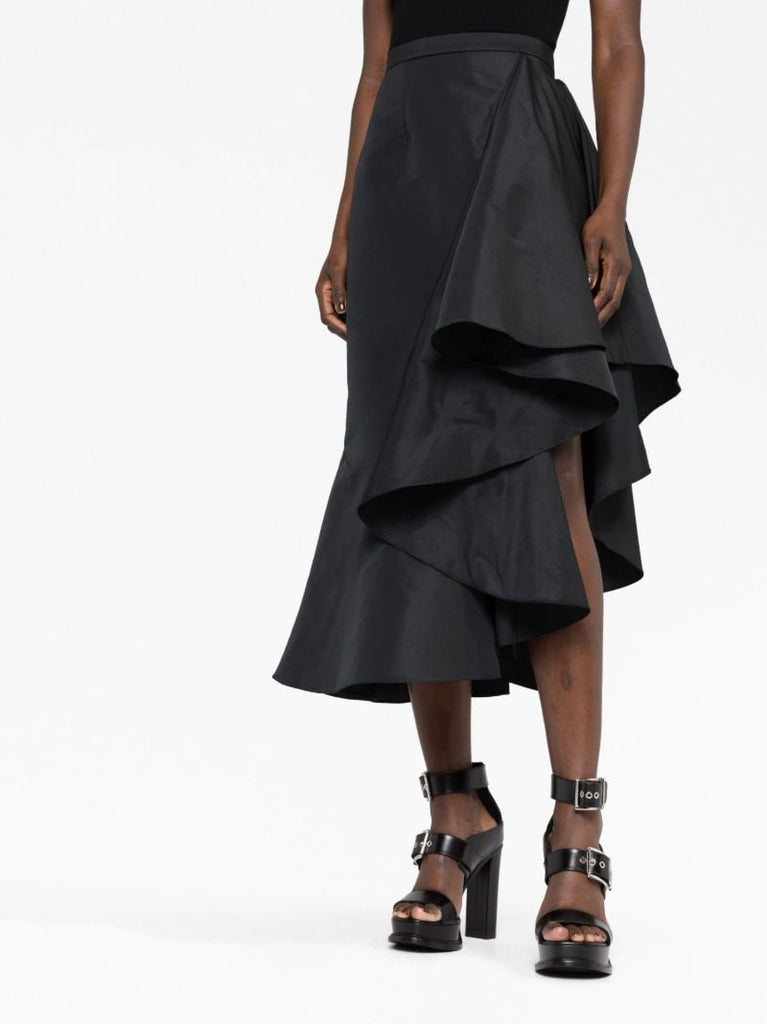Black Asymmetric Flared Midi Skirt