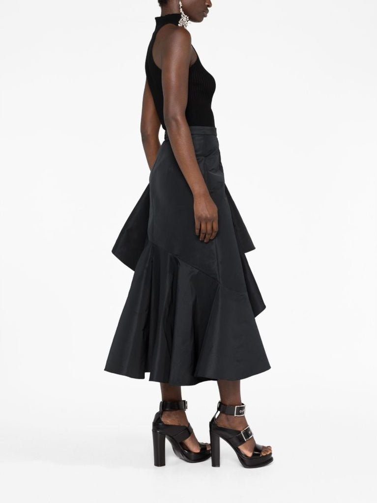 Black Asymmetric Flared Midi Skirt