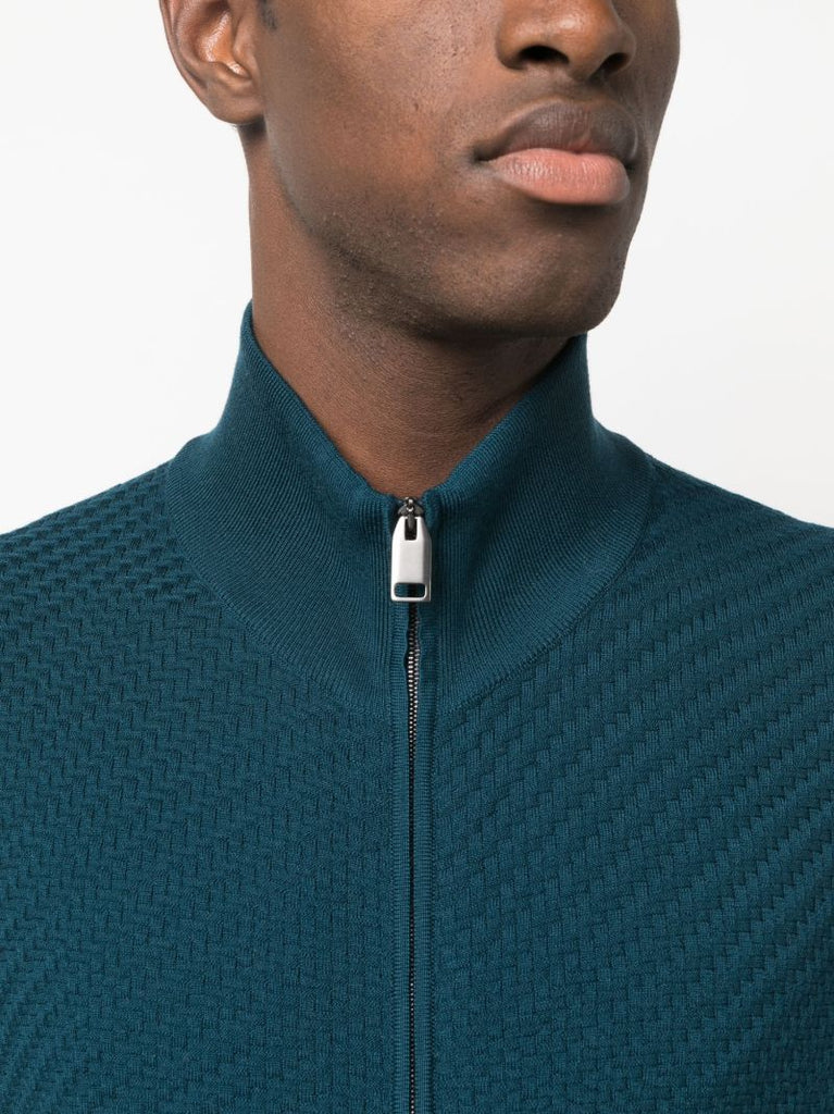 Blue Basket-weave Knitted Cardigan