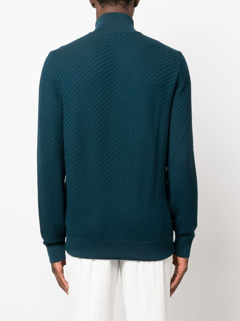Blue Basket-weave Knitted Cardigan