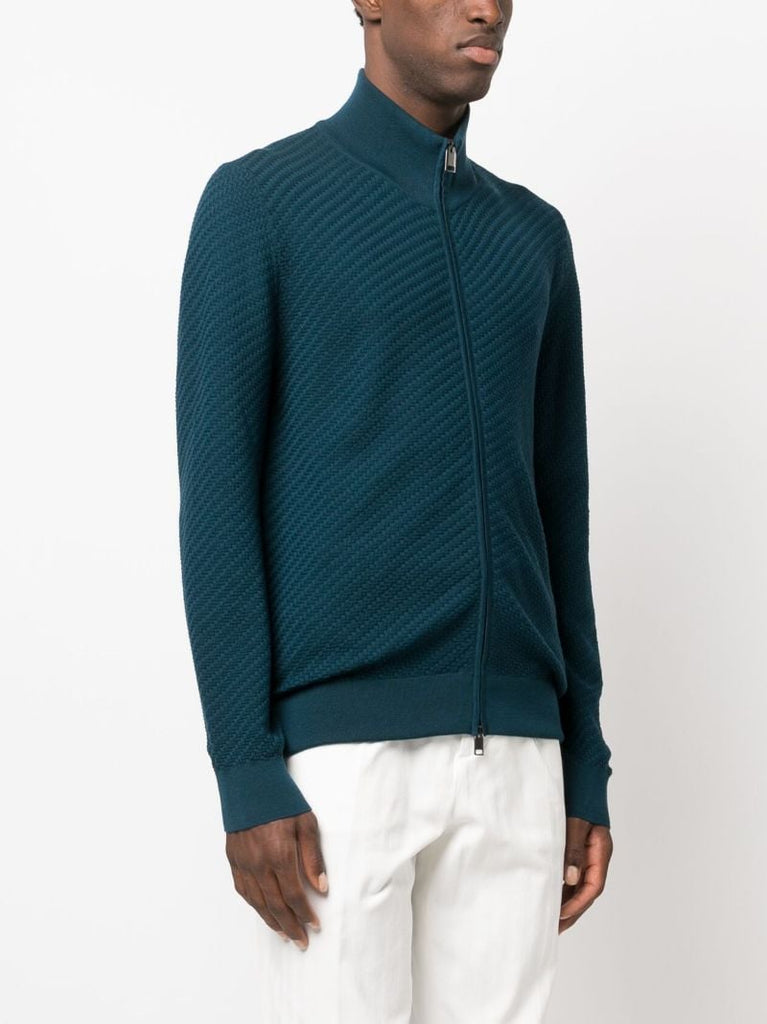 Blue Basket-weave Knitted Cardigan