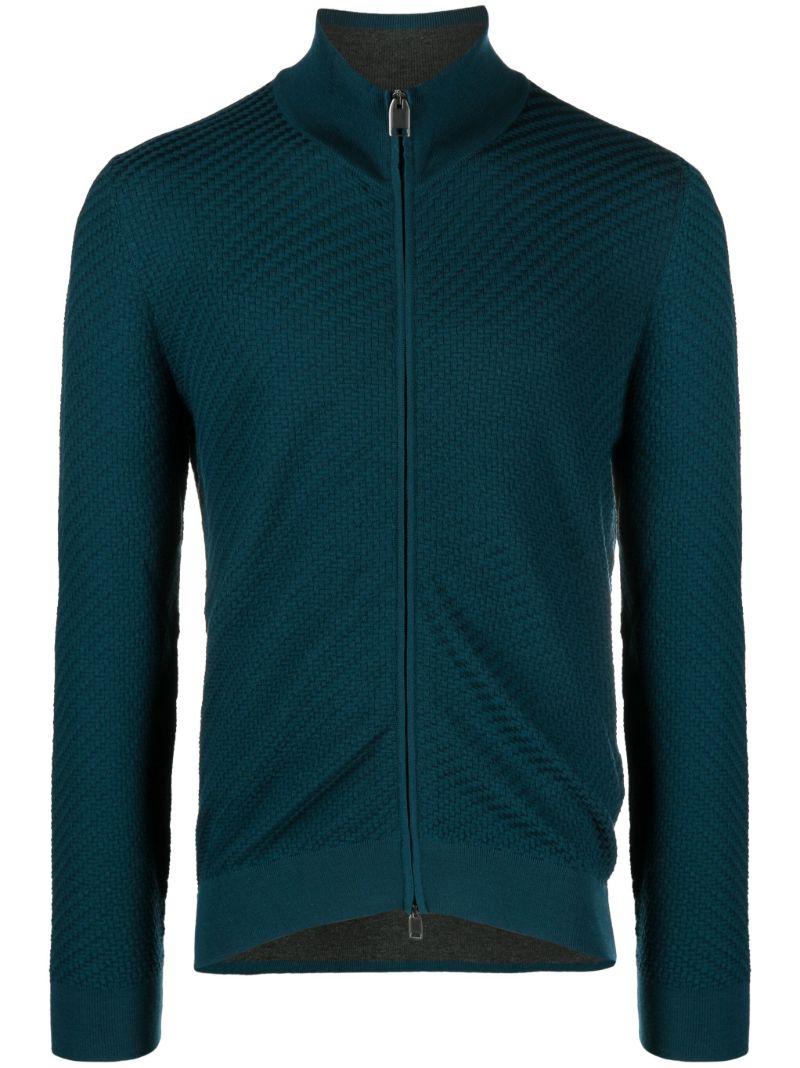 Blue Basket-weave Knitted Cardigan