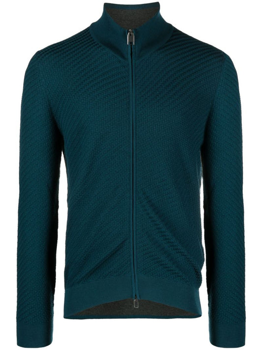 Blue Basket-weave Knitted Cardigan
