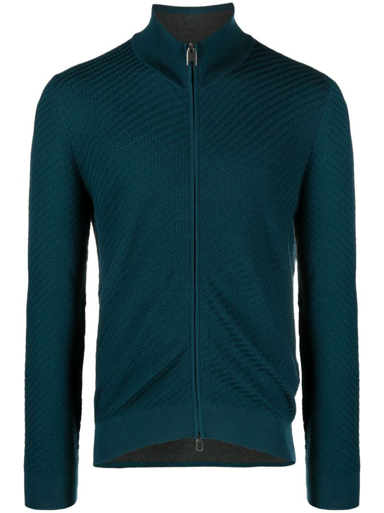 Blue Basket-weave Knitted Cardigan