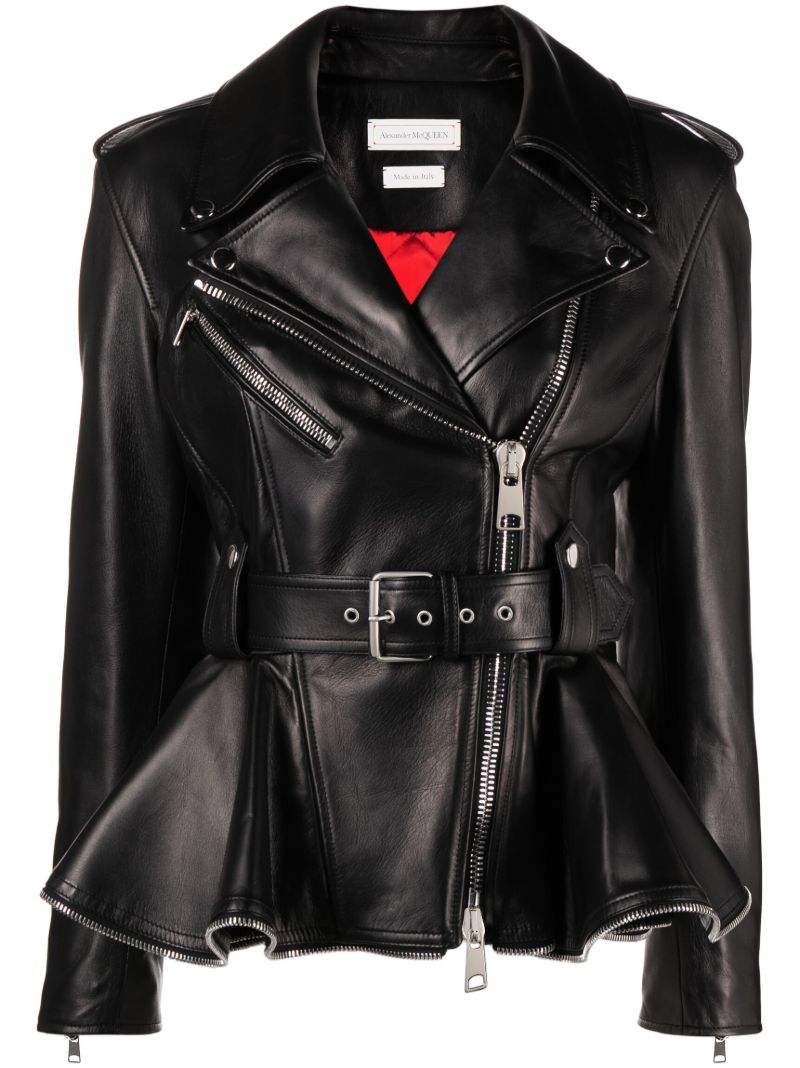 Black Peplum-hem Biker Jacket