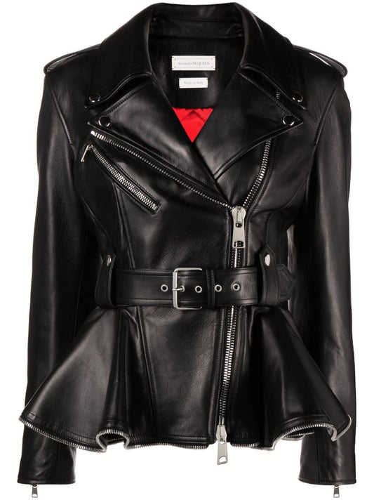 Black Peplum-hem Biker Jacket