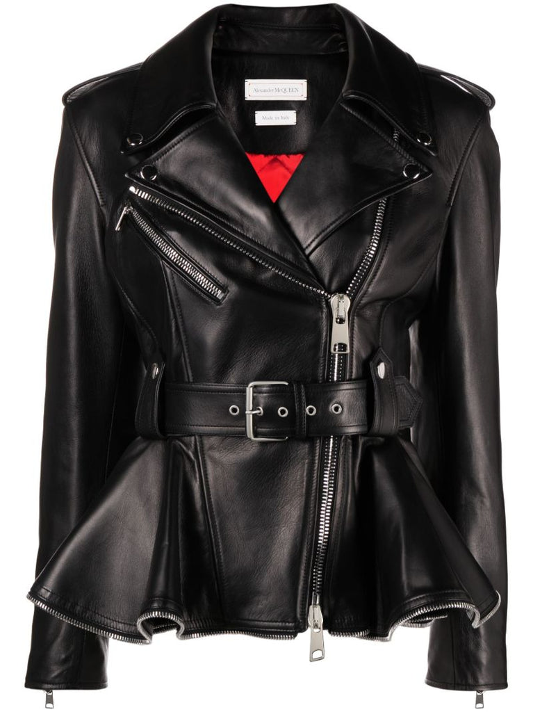 Black Peplum-hem Biker Jacket