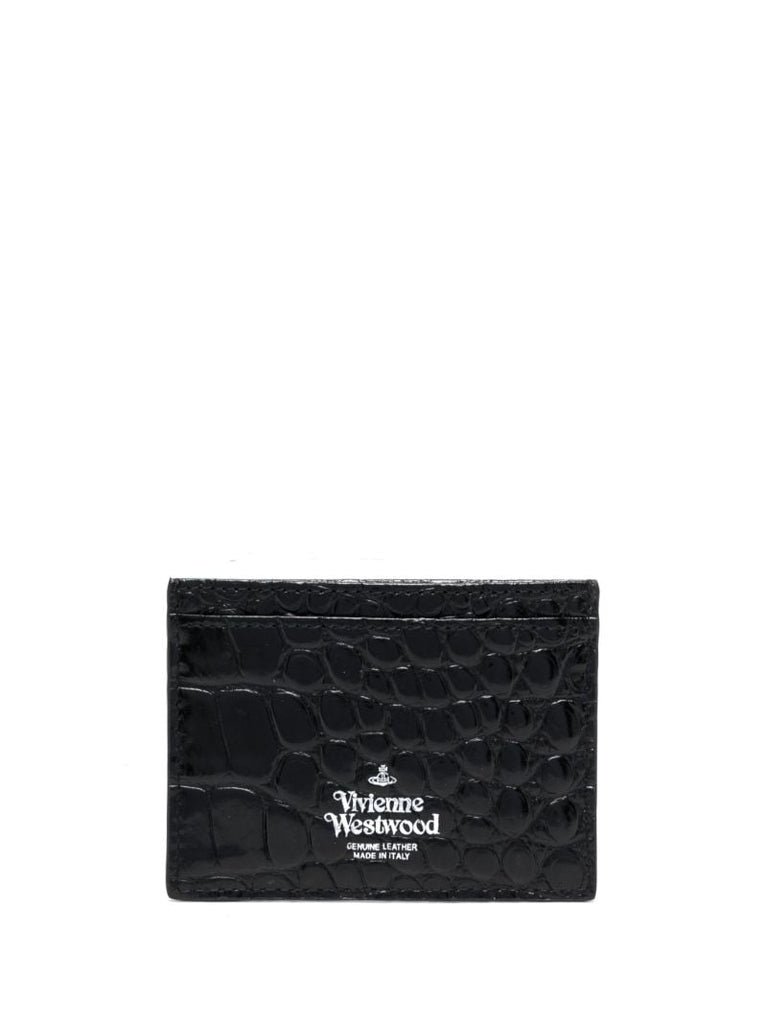 Black Orb Plaque Crocodile Embossed Leather Cardholder