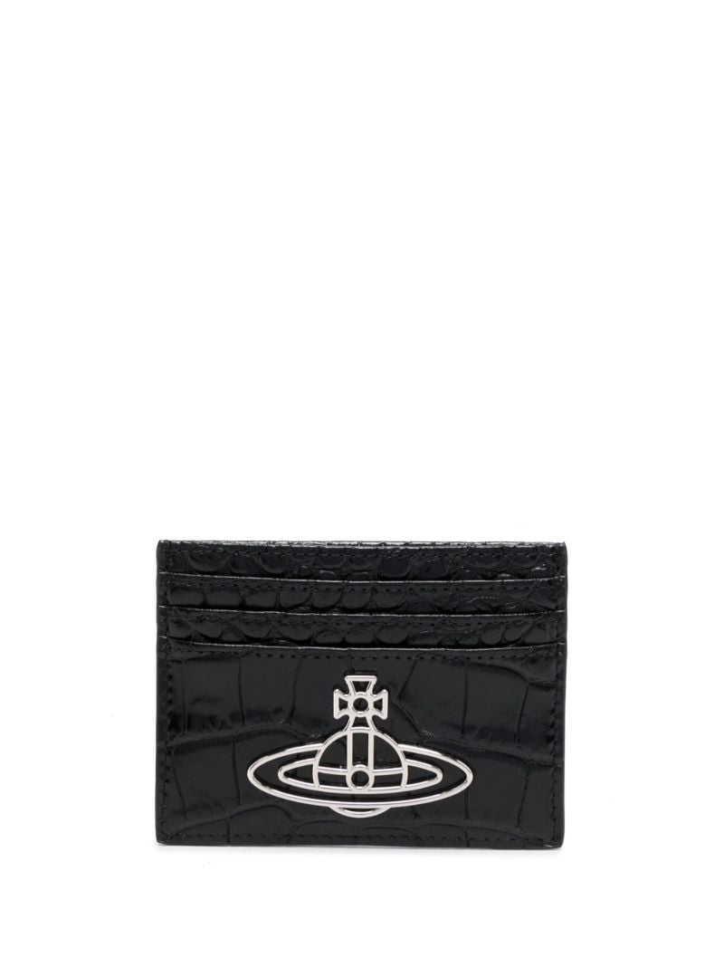 Black Orb Plaque Crocodile Embossed Leather Cardholder