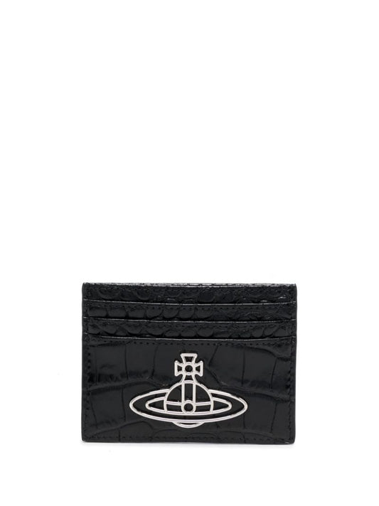 Black Orb Plaque Crocodile Embossed Leather Cardholder