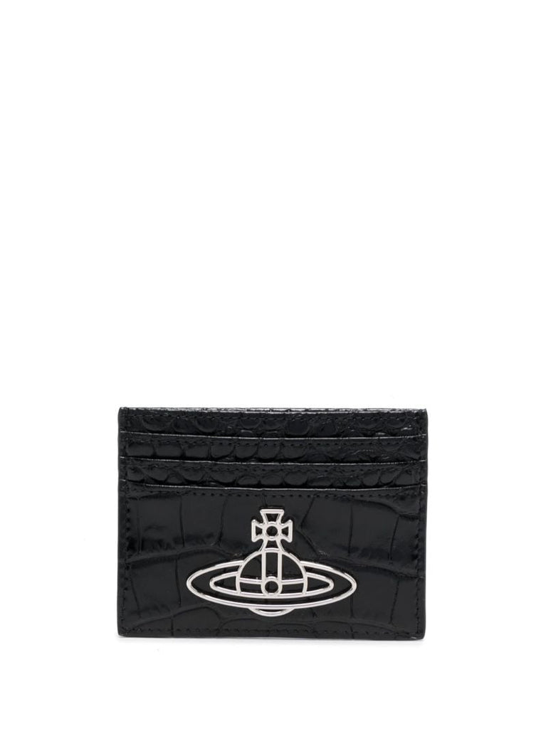 Black Orb Plaque Crocodile Embossed Leather Cardholder