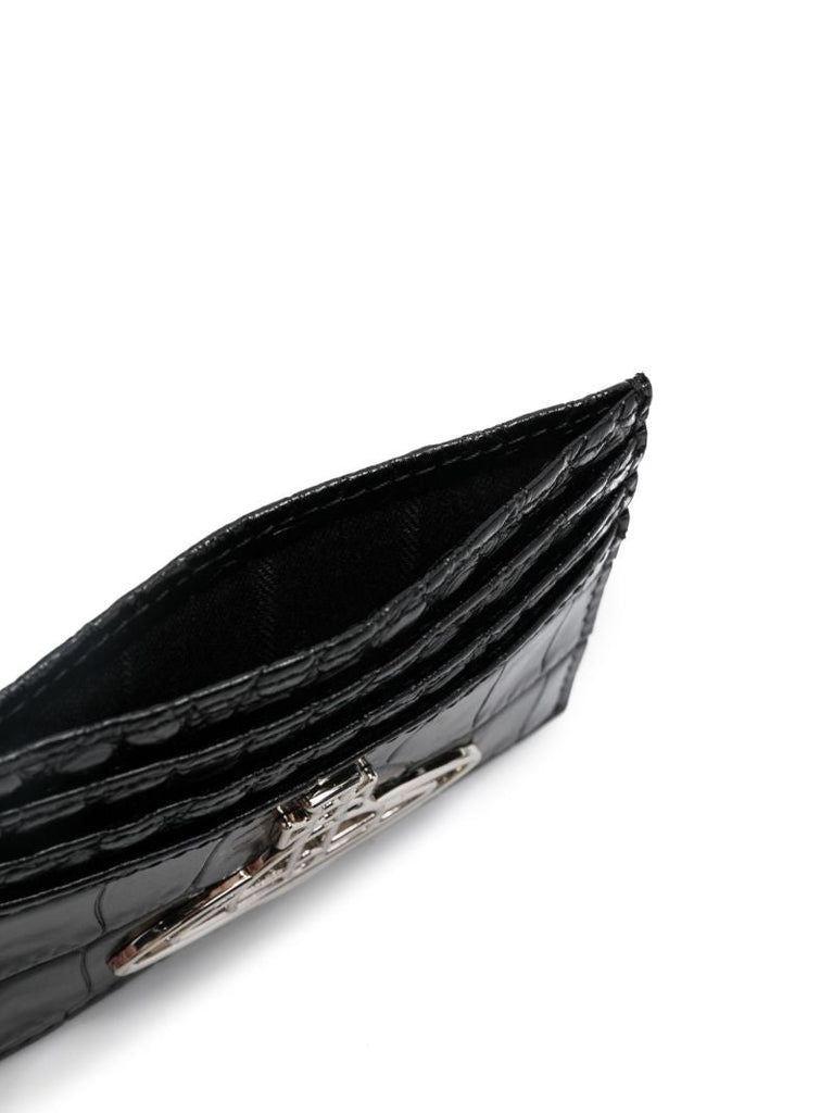 Black Orb Plaque Crocodile Embossed Leather Cardholder