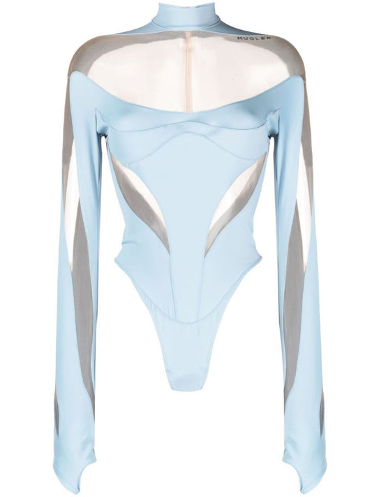 Blue Illusion Panelled Sheer Bodysuit