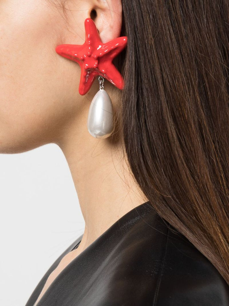 Red Starfish Pearl Drop Clip-on Earrings