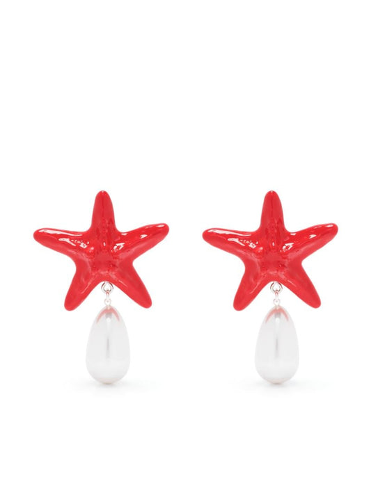 Red Starfish Pearl Drop Clip-on Earrings