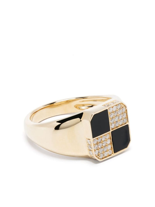 9k Yellow Gold Petit Damier Diamond and Onyx Ring