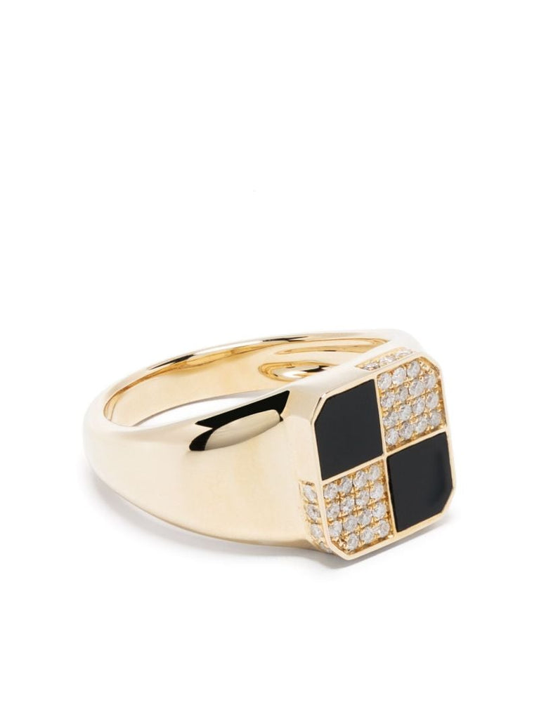 9k Yellow Gold Petit Damier Diamond and Onyx Ring