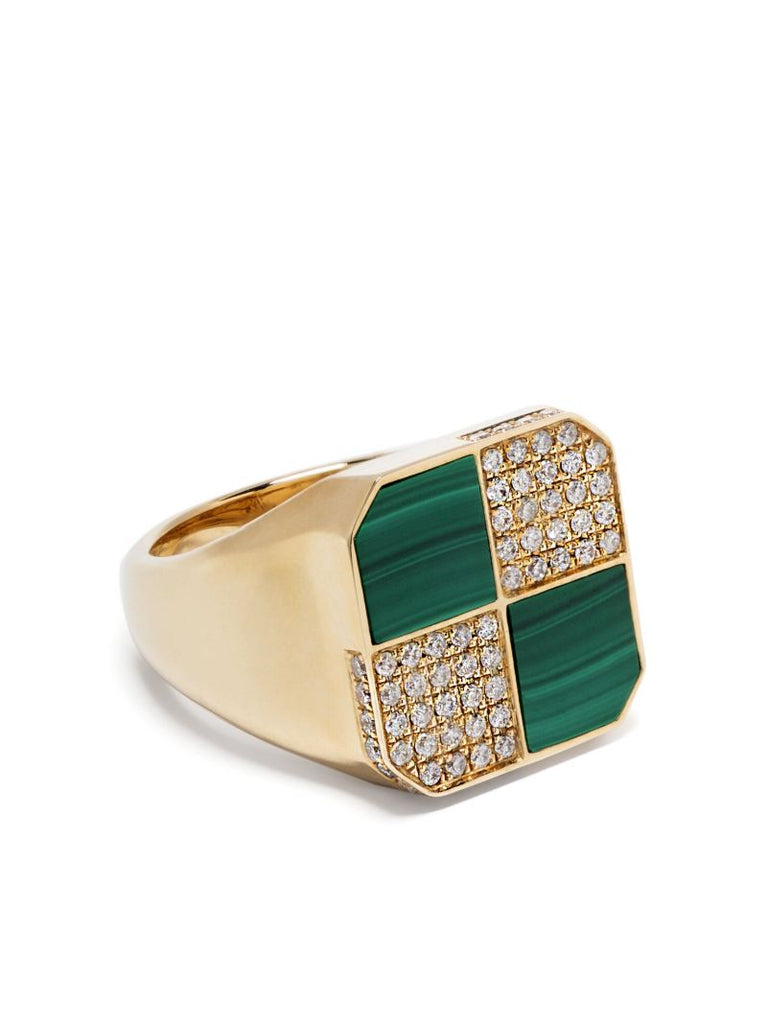 9k Yellow Gold Petit Damier Diamond and Malachite Ring
