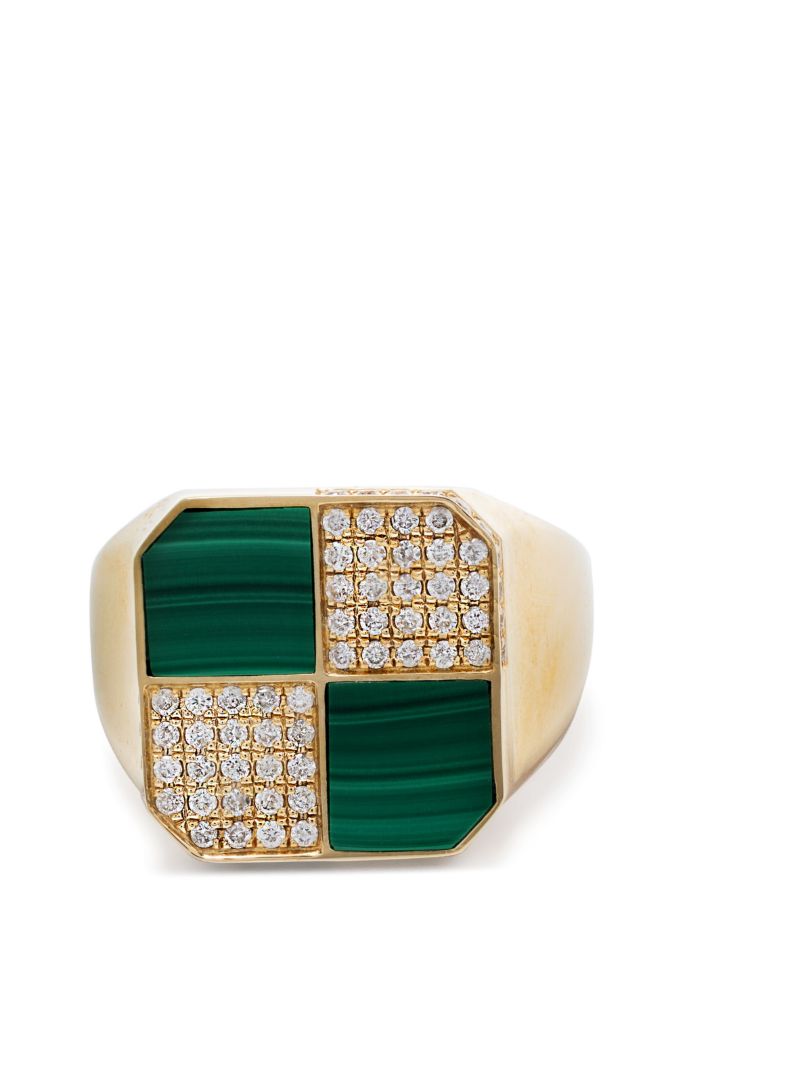 9k Yellow Gold Petit Damier Diamond and Malachite Ring