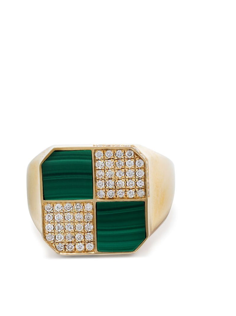 9k Yellow Gold Petit Damier Diamond and Malachite Ring