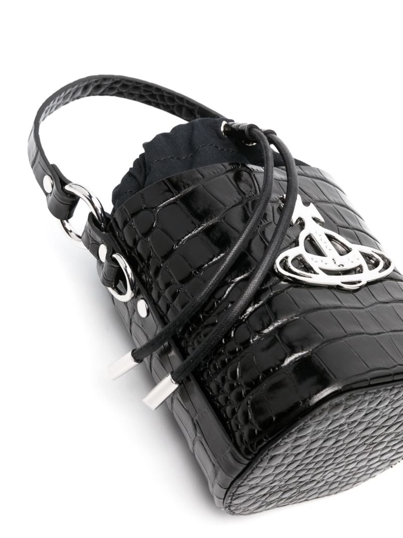 Black Orb Plaque Crocodile Embossed Bucket Bag