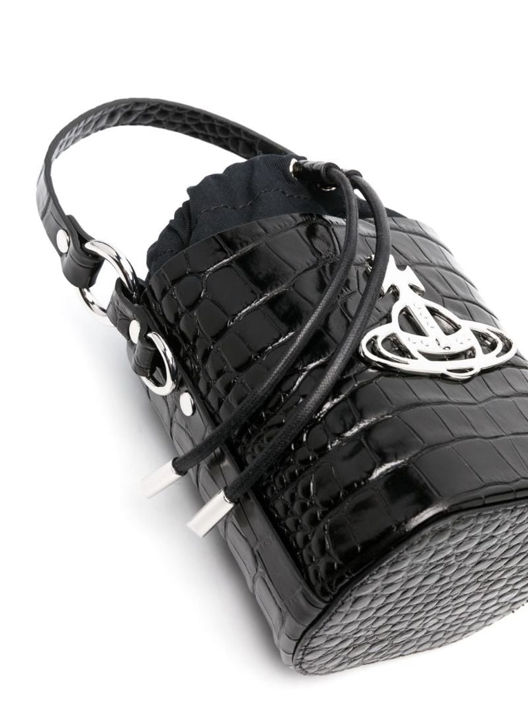 Black Orb Plaque Crocodile Embossed Bucket Bag