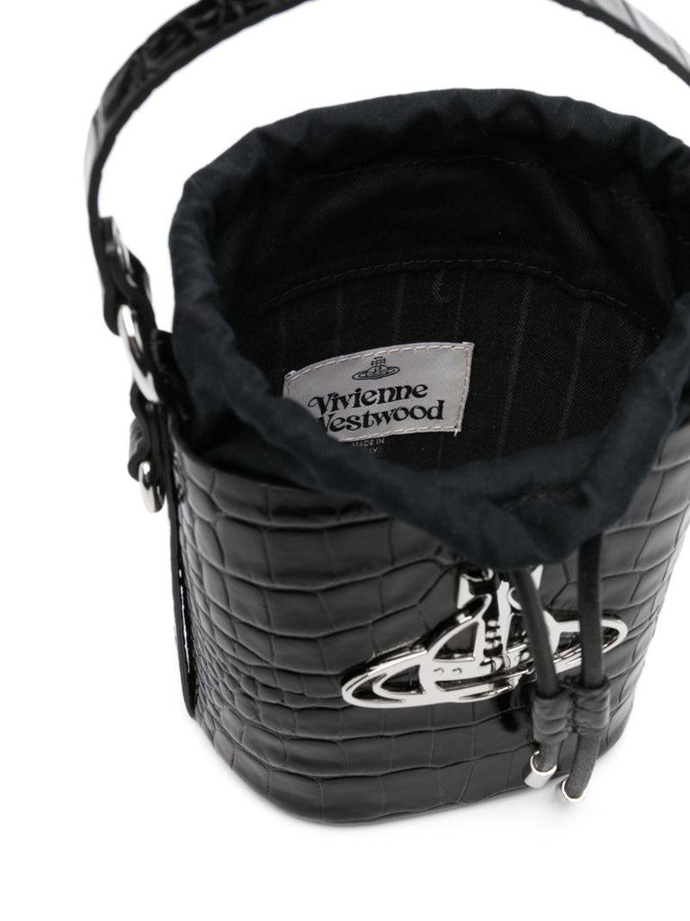Black Orb Plaque Crocodile Embossed Bucket Bag