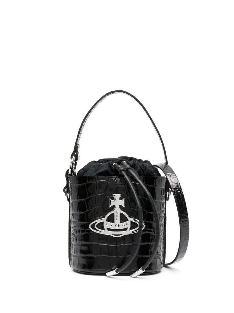 Black Orb Plaque Crocodile Embossed Bucket Bag