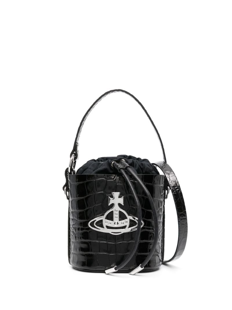 Black Orb Plaque Crocodile Embossed Bucket Bag