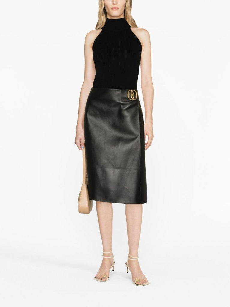 Black Logo Plaque Leather Wrap Skirt
