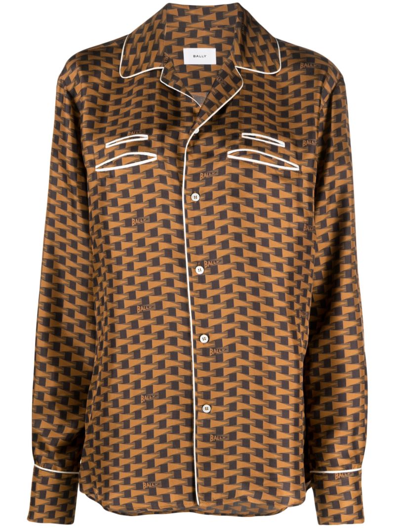 Brown All-over Geometric Print Silk Shirt
