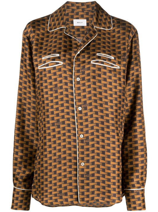Brown All-over Geometric Print Silk Shirt