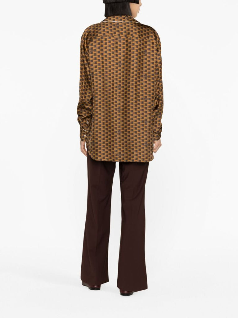 Brown All-over Geometric Print Silk Shirt