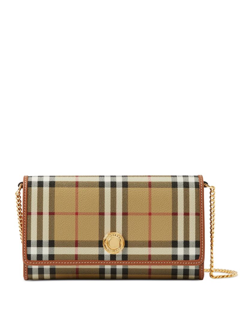 Beige Checked Chain-trim Wallet