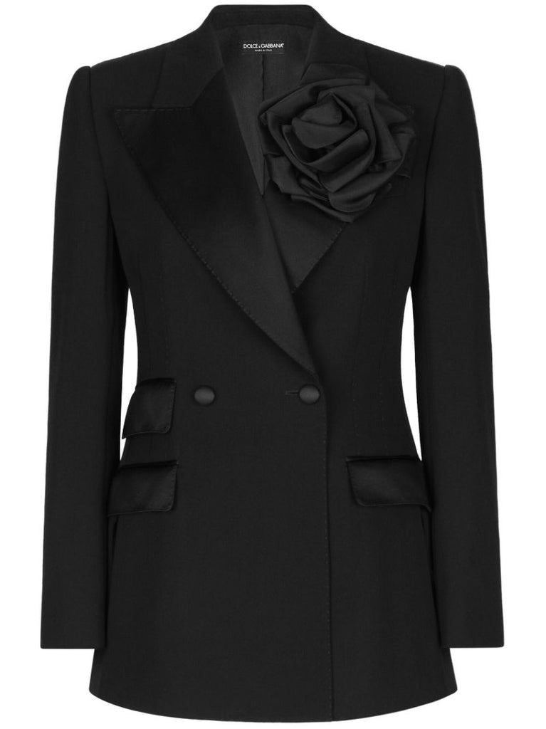 Black Floral-appliquÃ_x0083_Â© Double-breasted Blazer