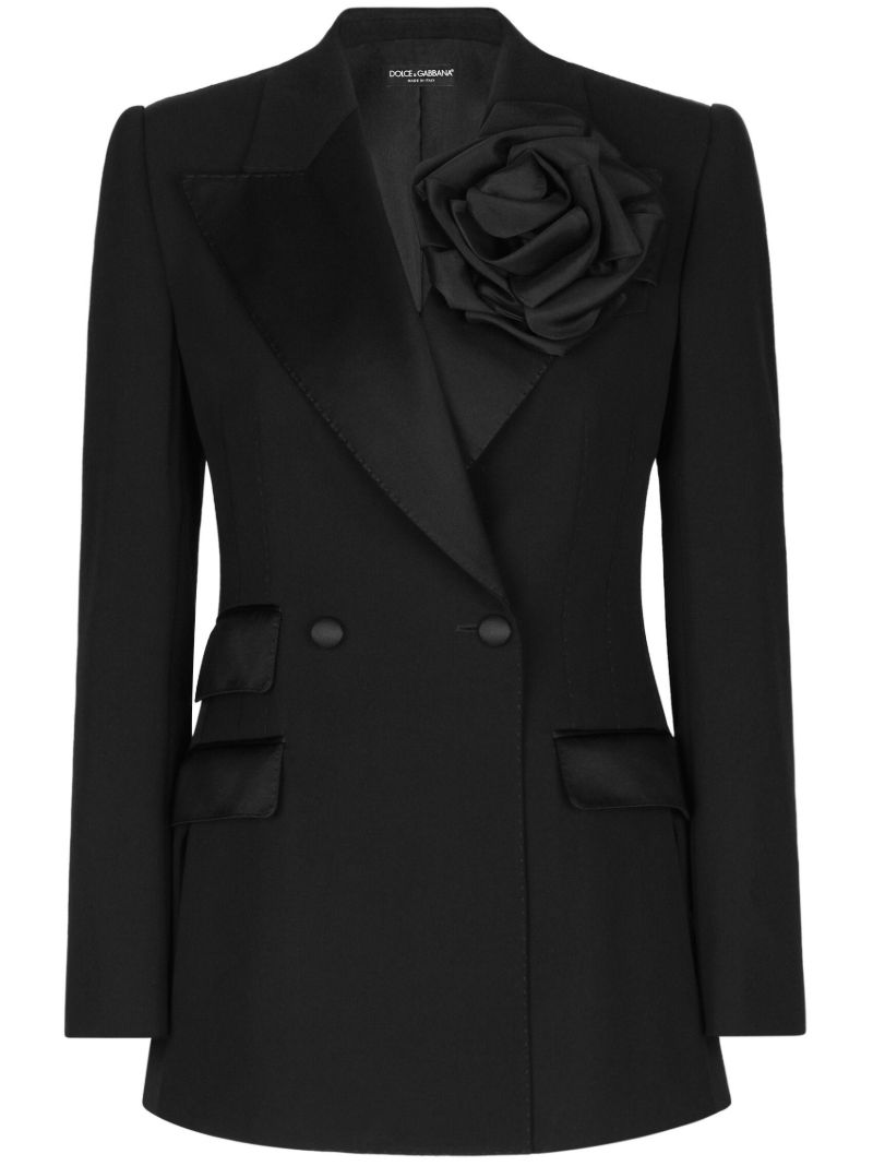Black Floral-appliquÃ_x0083_Â© Double-breasted Blazer