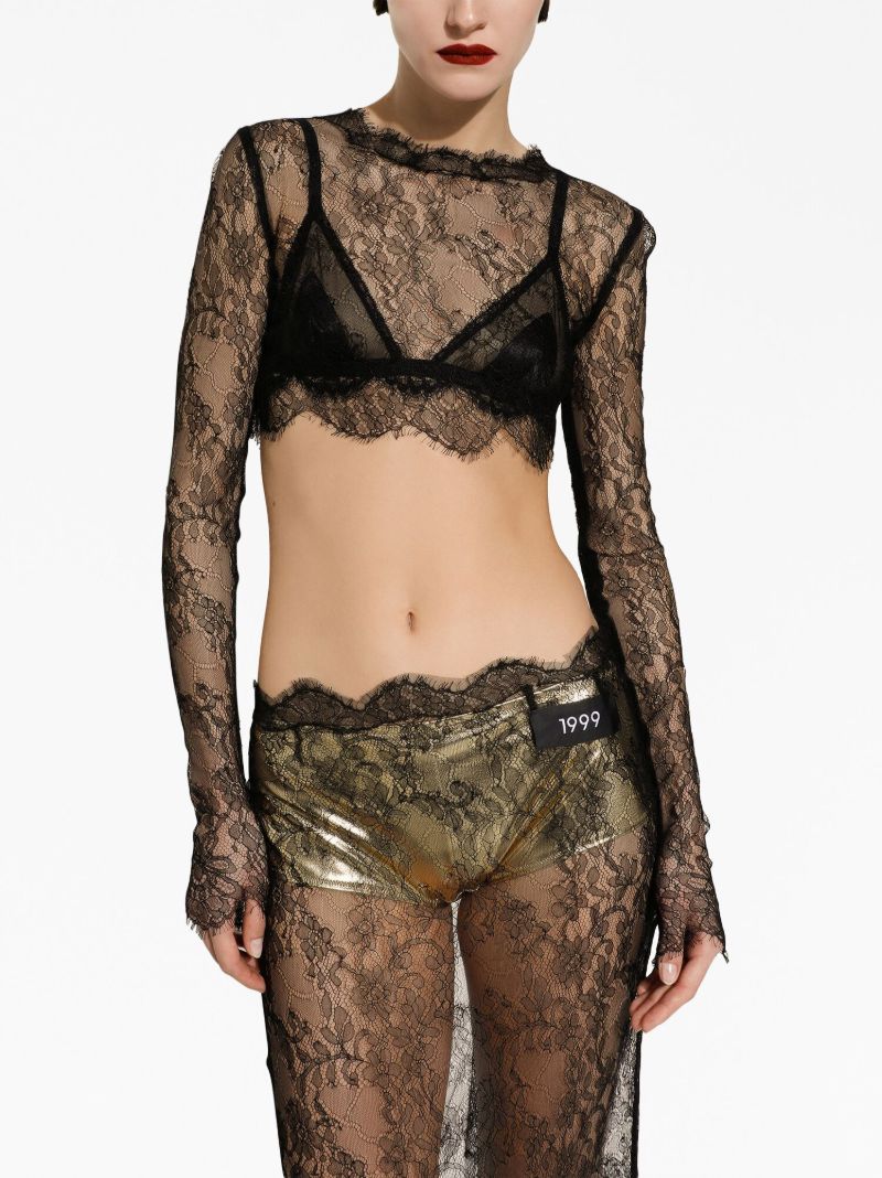 Black Sheer Lace Cropped Top