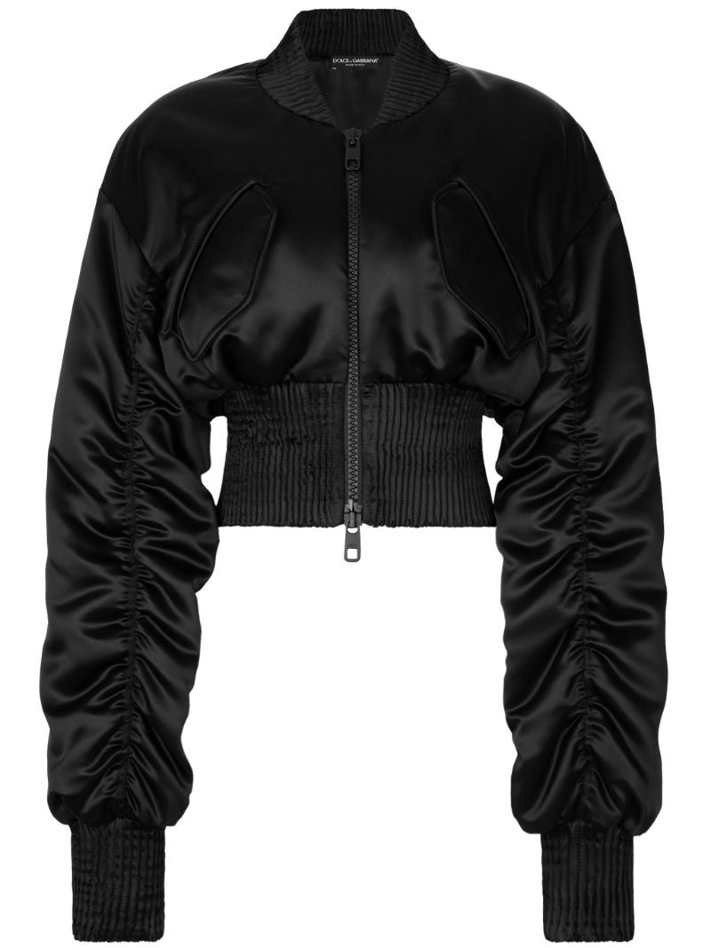 Black Satin Cropped Bomber Jacket