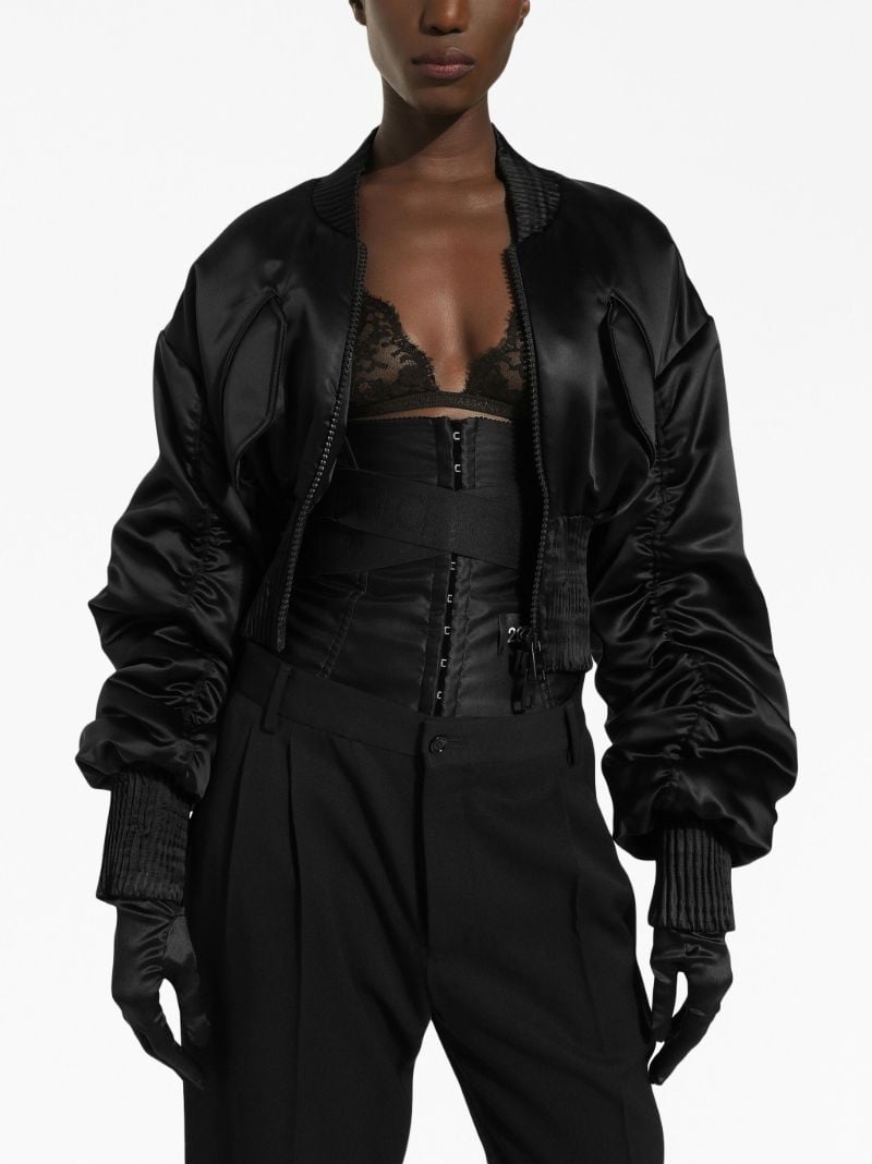 Black Satin Cropped Bomber Jacket