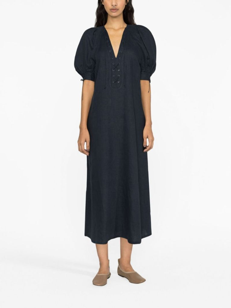 Blue Garden Linen Midi Dress