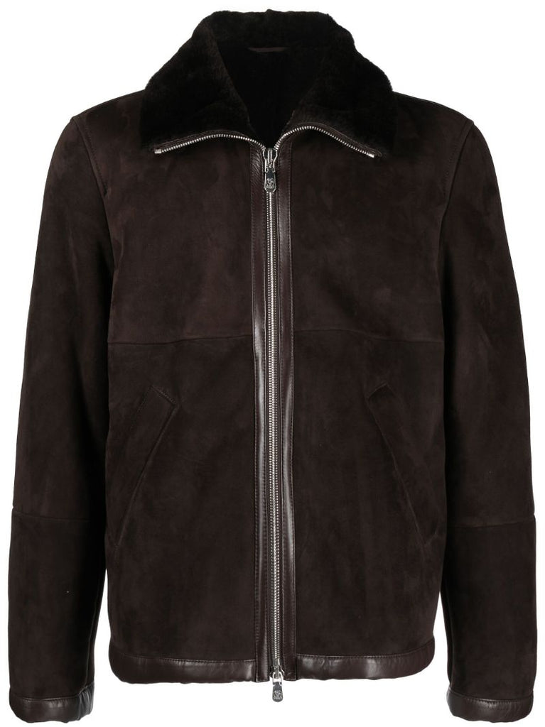 Brown Shearling-trim Leather Jacket