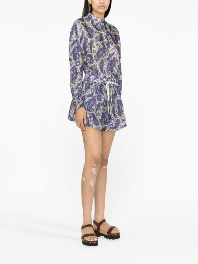Blue Devi Paisley Print Silk Shorts